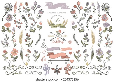 Colored  Doodles flower,branches,arrow,ribbon,decorative elements set for hand sketched logo.Design template,invitations set.Vintage  wedding,Valentine day,holiday,birthday,Easter Vector.Pastel color
