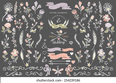 Colored  Doodles flower,brunshes,arrow,ribbon,decor elements set for hand sketced logo.Easy to make design templates,invitations,logo.For weddings,Valentine day,holiday,birthday,Easter.Vector