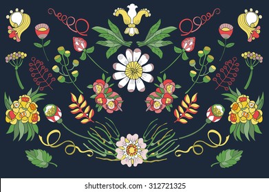Flor de Doodles de color, cintas, Elementos de decoración establecidos para el logotipo dibujado a mano. Para la Plantilla de diseño, invitaciones, logotipo. Antiguas boda, día de San Valentín, día de fiesta, cumpleaños. Vector. color pastel