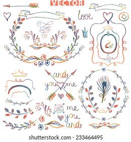 Colored Doodles ,frame,ribbon,floral decor elements set .Watercolor,pencil sketched.For design template,invitation,card.For wedding,Valentine day,holiday,Easter,birthday.Love Vector