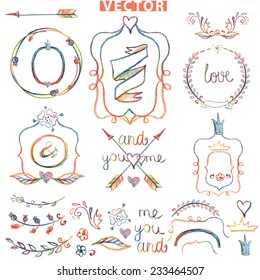 Colored Doodles ,frame,wreath,ribbon,floral decor elements set .Watercolor,pencil sketched.For design template,invitation,card.For wedding,Valentine day,holiday,Easter,birthday.Love Vector