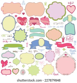 Colored Doodles label,badges,arrow,hearts,crown,love decor elements set.For design templates,invitations.Children's hand drawing style.For weddings,Valentine's day,holidays,baby design,birthday.Vector