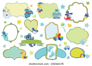 Colored Doodles labels,badges set For Newborn Baby boy  design templates,invitations,cards. Children's hand drawing style.Baby shower  cartoon design elements.Vector