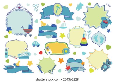 Colored Doodles labels,badges set For Newborn Baby boy  design templates,invitations,cards. Children's hand drawing style.Baby shower  cartoon design elements.Vector