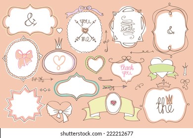 Colored Doodles labels,badges,frame,arrow,hearts,crown,love decor elements.For design templates,invitations.Children hand drawing style.For weddings,Valentine day,holidays,baby design,birthday.Vector