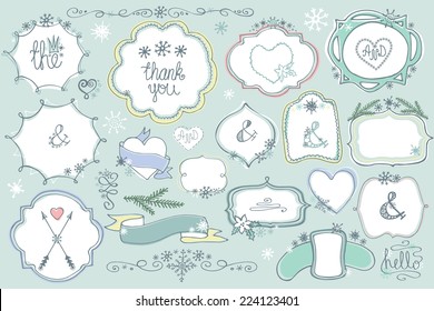 Colored Doodles labels,badges,frame,arrow,heart,snowflake,love decor elements set.For design template,invitation.Children hand drawing style. For weddings,Valentine day,holidays,birthday.Winter Vector