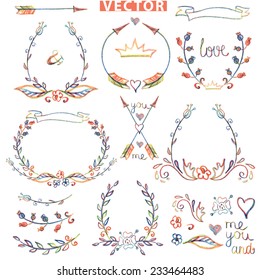 Colored Doodles wreath ,floral decor elements set .Watercolor,pencil sketched.For design template,invitation,card.For wedding,Valentine day,holiday,Easter,birthday.Love Vector