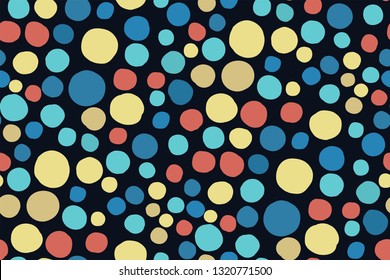 Colored dots on a dark (black) background. Circles of saturated yellow, blue, turquoise red color. Spots print. Textured hand drawn polka dot. Creative design. Vector