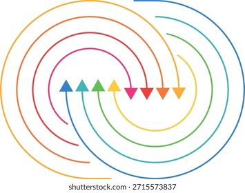 Flechas de colores y dobles con sombras, flechas redondas, círculos empresariales y económicos. FLECHAS DE COLORES