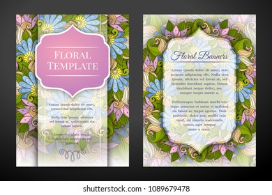 Colored Double-sided Greeting Card. Beautiful Abstract Flowers, Elegant Feminine Template. Corporate Identity, Flyer, Poster, Invitation. Vector Illustration. Clipping Mask, Editable