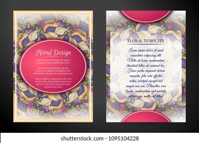 Colored Double-sided Greeting Card. Beautiful Abstract Flowers, Elegant Feminine Template. Corporate Identity, Flyer, Poster, Invitation. Vector Illustration. Clipping Mask, Editable