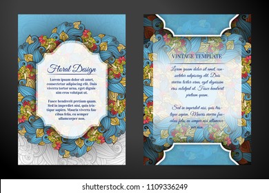 Colored Double-sided Greeting Card. Beautiful Abstract Flowers, Elegant Feminine Template. Corporate Identity, Flyer, Poster, Invitation. Vector Illustration. Clipping Mask, Editable