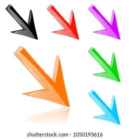Colored down 3d arrows. Shiny bright signs. Vector illustration isolated on white background