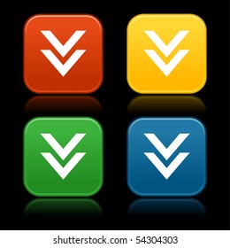 Colored download web 2.0 buttons with arrow symbol. Rounded square shapes with reflection on black background