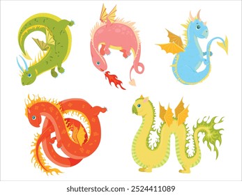 Colored dragons. Set with dragons in cartoon style. Cute fairy tale animal. fantasy Character of children's books. Dinosaur. Vector illustration on a white background.