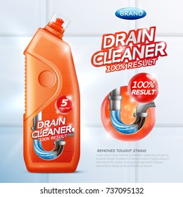 Colored drain cleaner poster with drain cleaner 100 percent result removes tought stains description vector illustration