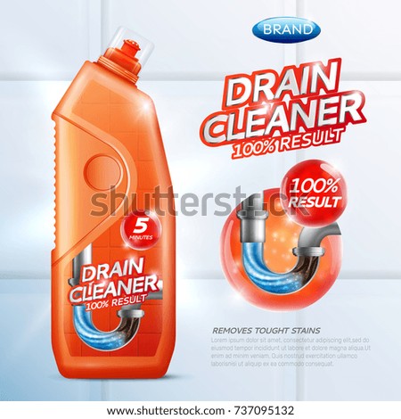 Colored drain cleaner poster with drain cleaner 100 percent result removes tought stains description vector illustration