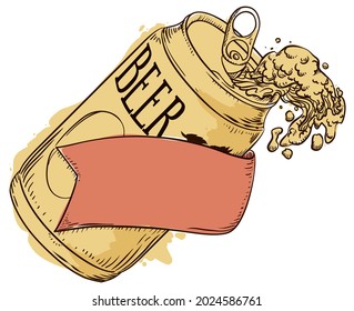 Colored drawing of a beer can spilling liquid and froth, decorated with empty ribbon.