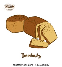 Colored drawing of Borodinsky bread. Vector illustration of Sourdough food, usually known in Russia. Colored Bread sketches.