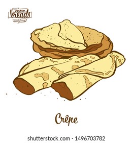 Colored drawing of Crêpe bread. Vector illustration of Pancake food, usually known in France. Colored Bread sketches.