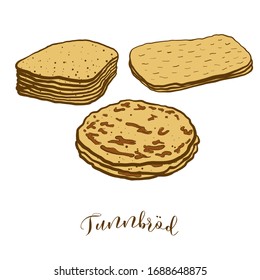 Colored drawing of Tunnbröd bread. Vector illustration of Flatbread food, usually known in Sweden. Colored Bread sketches.