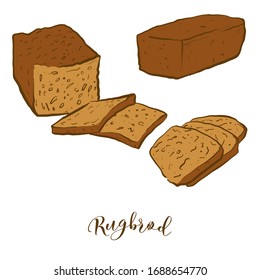 Colored drawing of Rugbrød bread. Vector illustration of Sourdough food, usually known in Denmark. Colored Bread sketches.