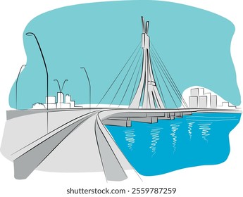 Colored drawing of cable-stayed bridge