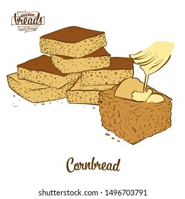 Colored drawing of Cornbread bread. Vector illustration of Cornbread food, usually known in America. Colored Bread sketches.