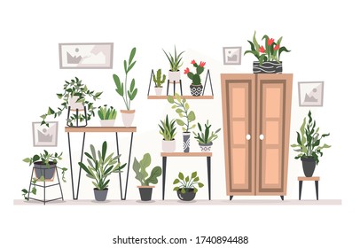 Colored drawing of cozy living room full of furniture and exotic tropical potted plants and flowers. Greenery and vegetation, botany and floristry theme. Vector cartoon flat illustration. 