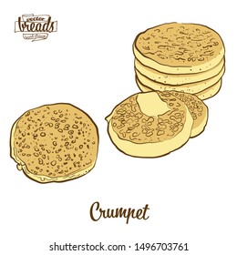 Colored drawing of Crumpet bread. Vector illustration of Flatbread food, usually known in United Kingdom. Colored Bread sketches.