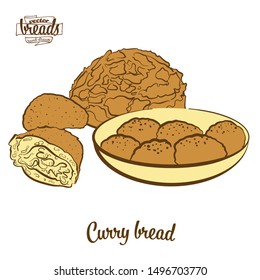 Colored drawing of Curry bread bread. Vector illustration of Bun food, usually known in Japan. Colored Bread sketches.