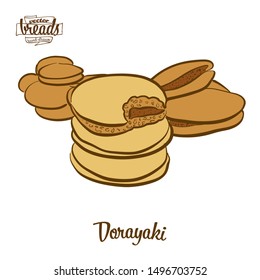 Colored drawing of Dorayaki bread. Vector illustration of Pancake food, usually known in Japan. Colored Bread sketches.