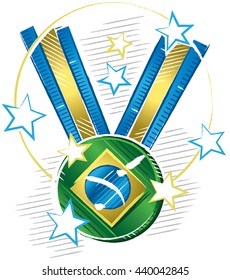Colored drawing of a medal with a symbol of Brazil flag in sketch format with stars around