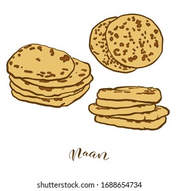 Colored drawing of Naan bread. Vector illustration of Flatbread food, usually known in Asia. Colored Bread sketches.