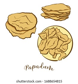 Colored drawing of Papadum bread. Vector illustration of Flatbread food, usually known in India. Colored Bread sketches.