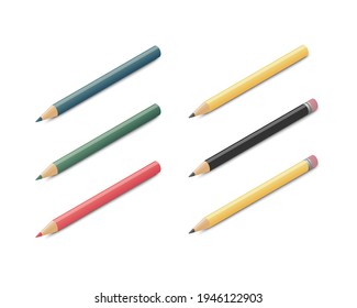 Colored drawing pencil set. Isometric vector illustration. Isolated on white background.