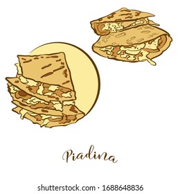Colored drawing of Piadina bread. Vector illustration of Flatbread food, usually known in Italy. Colored Bread sketches.