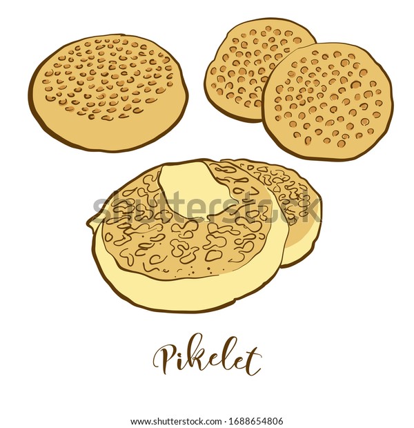 Colored drawing of Pikelet bread. Vector\
illustration of Pancake food, usually known in United Kingdom,\
Scotland. Colored Bread\
sketches.