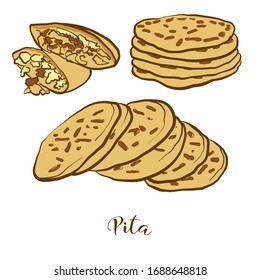 Colored drawing of Pita bread. Vector illustration of Flatbread food, usually known in Near East, Greece. Colored Bread sketches.