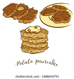 Colored drawing of Potato pancake bread. Vector illustration of Pancake food, usually known in Slovakia, Germany. Colored Bread sketches. svg