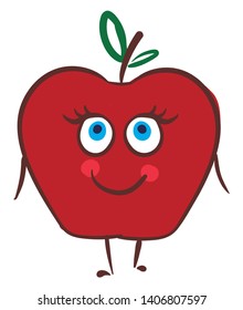 A colored drawing of red color happy apple with green leaves., vector, color drawing or illustration. 