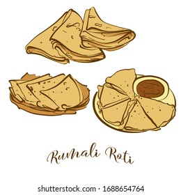 Colored drawing of Rumali Roti bread. Vector illustration of Flatbread food, usually known in India. Colored Bread sketches.