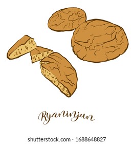 Colored drawing of Ryaninjun bread. Vector illustration of Leavened food, usually known in United States, New England. Colored Bread sketches.