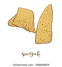 Colored drawing of Sangak bread. Vector illustration of Sourdough food, usually known in Iran. Colored Bread sketches.