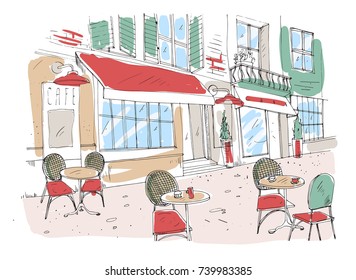Colored drawing of summer sidewalk cafe, coffeehouse or restaurant with tables and chairs standing on city street beside gorgeous antique building with awning. Colorful hand drawn vector illustration.