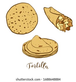 Colored drawing of Tortilla bread. Vector illustration of Flatbread food, usually known in Mexico. Colored Bread sketches.