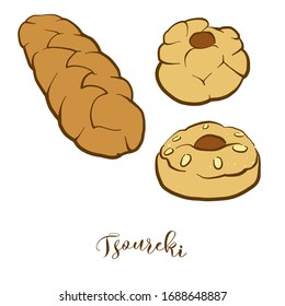 Colored drawing of Tsoureki bread. Vector illustration of Leavened food, usually known in Greece. Colored Bread sketches.