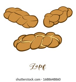 Colored drawing of Zopf bread. Vector illustration of Leavened, White food, usually known in Switzerland, Germany. Colored Bread sketches.