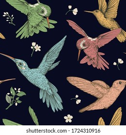 Pájaros dibujados de colores y flores sobre un fondo oscuro. Patrón vectorial sin fisuras con aves voladoras. Diseño para tela, papel de envoltura, tapicería, alfombra, web, textil.