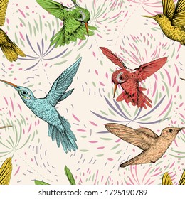 Colored drawn birds and flowers on a light background. Vector seamless pattern with flying birds. Design for fabric, wrapping paper, wallpaper, carpet, web, textile.